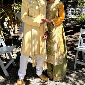 Green, Gold And Pink Embroidered Salwar Kameez